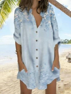 Women's Shirt Dress Casual Dress Shift Dress Mini Dress Outdoor Daily Vacation Polyester Fashion Casual Stand Collar Button Pocket Long Sleeve Summer Spring Fall 2023 Regular Fit Blue Purple Gray