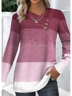 Women's Shirt Blouse Yellow Pink Red Color Block Button Print Long Sleeve Casual Fashion V Neck Regular Fit Spring &Fall