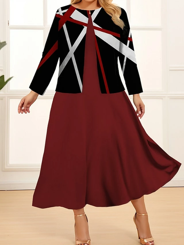 Women's Plus Size Curve Two Piece Dress Set Casual Dress Swing Dress Outdoor Office Fashion Streetwear Print Midi Dress Crew Neck Long Sleeve Geometric Color Block Wine Blue Khaki Spring Fall L 4 Women's Plus Size Curve Two Piece Dress Set Casual Dress Swing Dress Outdoor Office Fashion Streetwear Print Midi Dress Crew Neck Long Sleeve Geometric Color Block Wine Blue Khaki Spring Fall L - Image 2