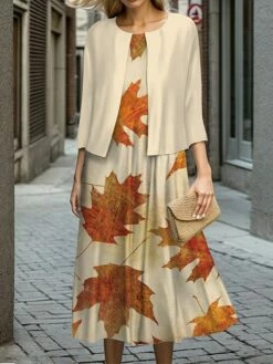 Women's Two Piece Dress Set Casual Dress Swing Dress Outdoor Office Fashion Streetwear Print Midi Dress Crew Neck 3/4 Length Sleeve Leaf Regular Fit Navy Blue Brown Khaki Fall Winter S M L XL XXL -LIGHTINTHEBOX Shop ghzwtd1697524427615