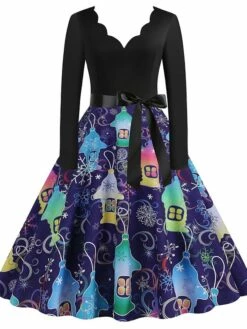 Women's Christmas Casual Dress Swing Dress Midi Dress Blue Purple Royal Blue Light Blue White Long Sleeve Santa Claus Elk Tree Bow Print Winter Fall V Neck Vacation Vintage 2022 S M L XL -LIGHTINTHEBOX Shop giacdq1666927315925