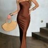 Women‘s Prom Party Dress Wedding Guest Stain Maxi Long Dress Pink Yellow Brown Sleeveless Pure Color Backless Spring Summer Strapless Sexy Mature Party Slim 2023 S M L