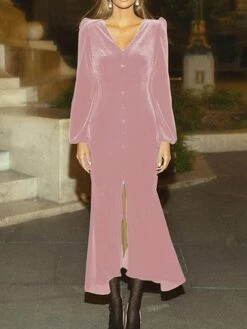 Women's Prom Dress Party Dress Velvet Dress Long Dress Maxi Dress Black Pink Wine Long Sleeve Pure Color Button Fall Winter Autumn V Neck Fashion Winter Dress Birthday Evening Party 2023 S M L XL XXL -LIGHTINTHEBOX Shop gizcpi1693535342667