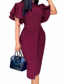 Women's Party Dress Shift Dress Green Dress Midi Dress Wine Blue Purple Short Sleeve Pure Color Ruffle Summer Spring Crew Neck Stylish Slim 2023 S M L XL XXL 3XL -LIGHTINTHEBOX Shop gjfyii1646992297799