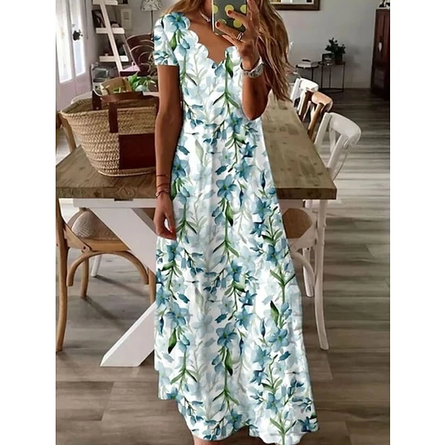 Women's Casual Dress Maxi Long Dress Green Short Sleeve Floral Ruched Spring Summer V Neck Stylish 2023 S M L XL XXL 3XL 3 Women's Casual Dress Maxi Long Dress Green Short Sleeve Floral Ruched Spring Summer V Neck Stylish 2023 S M L XL XXL 3XL