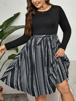 Women's Plus Size Curve Party Dress Winter Dress Black Dress Geometric Midi Dress Long Sleeve Patchwork Bow Crew Neck Fashion Party Black Fall Winter XL XXL 3XL 4XL -LIGHTINTHEBOX Shop gkifzt1695103069913