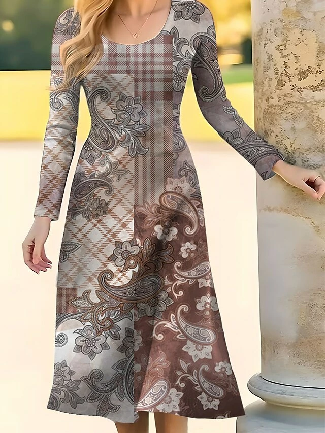 Women's T Shirt Dress Casual Dress Paisley Dress Floral Paisley Print Crew Neck Midi Dress Fashion Streetwear Outdoor Daily Long Sleeve Regular Fit Wine Blue Khaki Spring Fall S M L XL XXL 5 Women's T Shirt Dress Casual Dress Paisley Dress Floral Paisley Print Crew Neck Midi Dress Fashion Streetwear Outdoor Daily Long Sleeve Regular Fit Wine Blue Khaki Spring Fall S M L XL XXL - Image 3