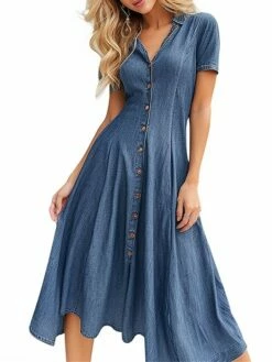 Women's Casual Dress Swing Dress Denim Shirt Dress Midi Dress Denim Fashion Modern Outdoor Daily Vacation Shirt Collar Button Short Sleeve Summer Spring 2023 Regular Fit Blue Plain S M L XL 2XL