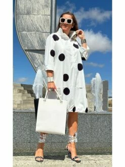 Women's Shirt Dress Casual Dress Midi Dress Outdoor Office Daily Cotton Fashion Modern Shirt Collar Button Pocket 3/4 Length Sleeve Summer Spring Fall 2023 Regular Fit White Polka Dot S M L XL XXL -LIGHTINTHEBOX Shop glkvhp1695121854785