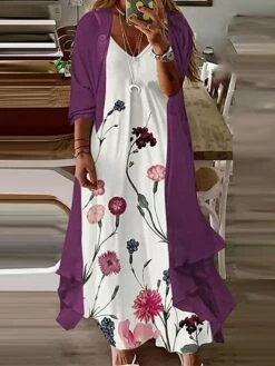Women‘s Plus Size Curve Elegant Apple Shaped Dress Wedding Guest Casual Dress Floral V Neck Print Sleeve Spring Fall Casual Maxi Long Dress Casual Daily Dress