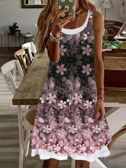 Women's Casual Dress Midi Dress Pink Purple Fuchsia Sleeveless Print Fake Two Piece Summer Spring Crew Neck Casual 2023 S M L XL XXL 3XL