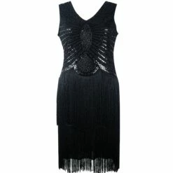 Women's Retro 1920s Fringe Dress Midi Dress Party Halloween Sequins Tassel Fringe Geometric V Neck Sleeveless Regular Fit Spring Fall 2023 Black White S M L XL -LIGHTINTHEBOX Shop gmuvxr1692849424387