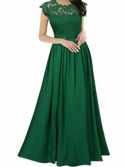 Women's Prom Dress Party Dress Lace Dress Long Dress Maxi Dress Black Wine Navy Blue Short Sleeve Pure Color Lace Summer Spring Fall Crew Neck Party Wedding Guest Vacation Fall Dress 2023 S M L XL 2XL