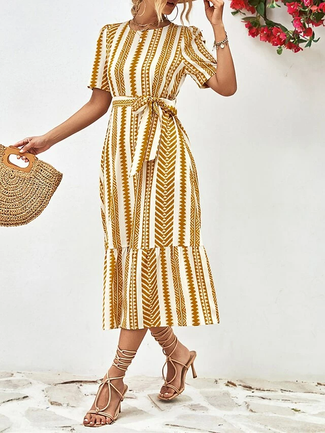 Women's Casual Dress A Line Dress Summer Dress Stripe Lace Up Print Crew Neck Midi Dress Fashion Streetwear Outdoor Street Short Sleeve Regular Fit Black Yellow Summer Spring S M L XL 11 Women's Casual Dress A Line Dress Summer Dress Stripe Lace Up Print Crew Neck Midi Dress Fashion Streetwear Outdoor Street Short Sleeve Regular Fit Black Yellow Summer Spring S M L XL - Image 9