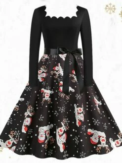 Women's Christmas Vintage Dress Midi Dress Black And White Green Black Long Sleeve Santa Claus Bow Winter Fall Autumn Square Neck Stylish Christmas Vacation 2022 S M L XL XXL 3XL