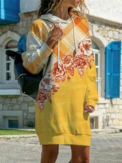 Women's Casual Dress Hoodie Dress Winter Dress Floral Plaid Print Hooded Mini Dress Fashion Streetwear Outdoor Daily Long Sleeve Loose Fit Black Yellow Pink Fall Winter S M L XL XXL -LIGHTINTHEBOX Shop gocbri1692958587823