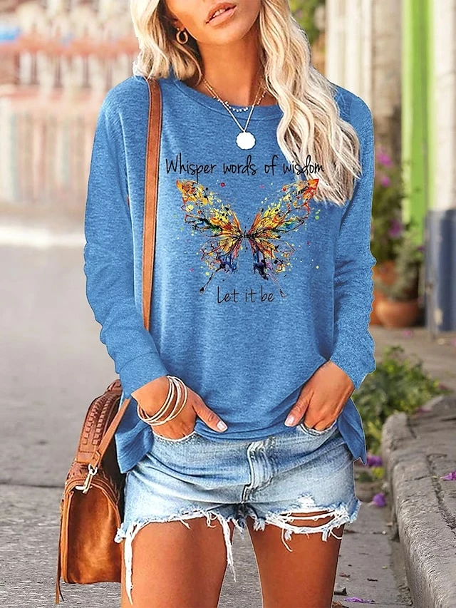 Women's T Shirt Tee Black Pink Blue Butterfly Letter Print Long Sleeve Casual Hawaiian Round Neck Long Loose Fit Butterfly S 6 Women's T Shirt Tee Black Pink Blue Butterfly Letter Print Long Sleeve Casual Hawaiian Round Neck Long Loose Fit Butterfly S - Image 4