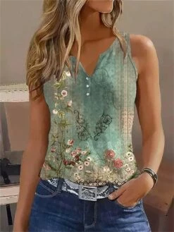 Women's Tank Top White Red Blue Floral Button Print Short Sleeve Casual Holiday Basic V Neck Regular Fit Floral