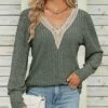 Women's Shirt Blouse Black Wine Army Green Plain Lace Trims Long Sleeve Casual Fashion V Neck Regular Fit Spring &Fall -LIGHTINTHEBOX Shop gopfuo1693564991690