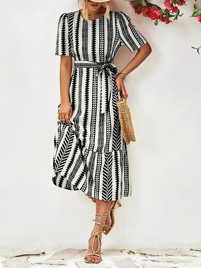 Women's Casual Dress A Line Dress Summer Dress Stripe Lace Up Print Crew Neck Midi Dress Fashion Streetwear Outdoor Street Short Sleeve Regular Fit Black Yellow Summer Spring S M L XL 6 Women's Casual Dress A Line Dress Summer Dress Stripe Lace Up Print Crew Neck Midi Dress Fashion Streetwear Outdoor Street Short Sleeve Regular Fit Black Yellow Summer Spring S M L XL - Image 4