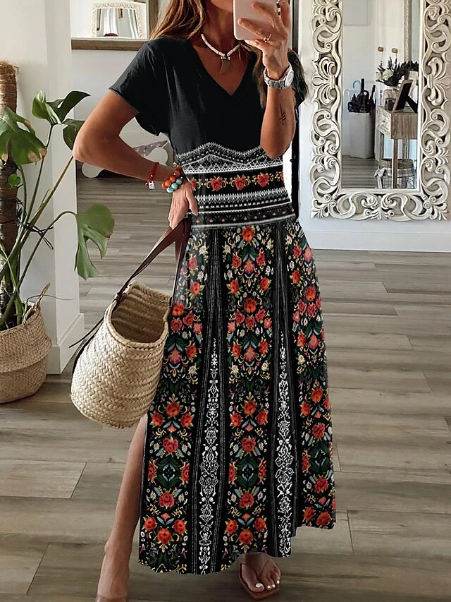 Women's Casual Dress A Line Dress Floral Dress Floral Split Print V Neck Long Dress Maxi Dress Fashion Streetwear Outdoor Daily Short Sleeve Regular Fit Black Blue Summer Spring S M L XL XXL 4 Women's Casual Dress A Line Dress Floral Dress Floral Split Print V Neck Long Dress Maxi Dress Fashion Streetwear Outdoor Daily Short Sleeve Regular Fit Black Blue Summer Spring S M L XL XXL - Image 2