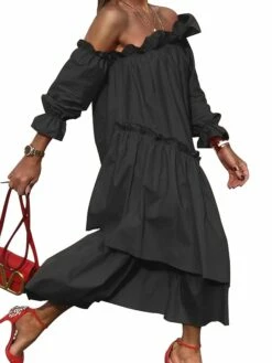 Women's Casual Dress Swing Dress Long Dress Maxi Dress Black Red 3/4 Length Sleeve Pure Color Patchwork Fall Autumn Off Shoulder Loose Fit S M L XL -LIGHTINTHEBOX Shop goxlir1631268450024