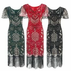 Women's Retro 1920s Fringe Dress Midi Dress Party Halloween Sequins Tassel Fringe Floral V Neck Short Sleeve Regular Fit Spring Fall 2023 Silver Red S M L XL