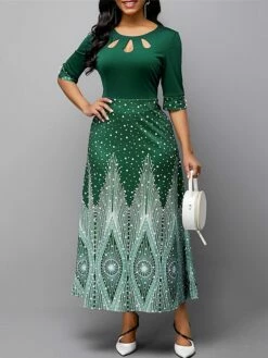 Women's Casual Dress A Line Dress Print Dress Floral Ombre Hollow Out Print Crew Neck Long Dress Maxi Dress Fashion Streetwear Outdoor Street 3/4 Length Sleeve Slim Blue Purple Green Fall S M L XL XXL -LIGHTINTHEBOX Shop gozsqx1692872349328