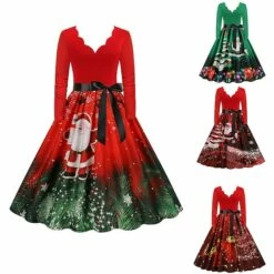 Women's Christmas Party Dress Swing DressKnee Length Dress Green Wine Dark Green Red Black Long Sleeve Santa Claus Elk Snowman Print Fall Winter V Neck Vintage Party Elegant Party 2022 S M L XL XXL