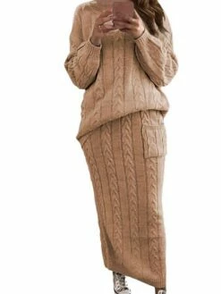 Women's Two Piece Dress Set Casual Dress Skirt Set Daily Holiday Fashion Streetwear Pocket Ribbed Long Dress Maxi Dress Crew Neck Long Sleeve Plain Loose Fit Black Yellow Wine Fall Winter S M L XL XXL -LIGHTINTHEBOX Shop gqjifb1694165731489