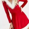 Women's Christmas Swing Dress Vintage Dress Red Dress Mini Dress Red Long Sleeve Pure Color Faux Fur Trim Winter Fall Autumn V Neck Fashion Daily Date 2022 S M L XL XXL