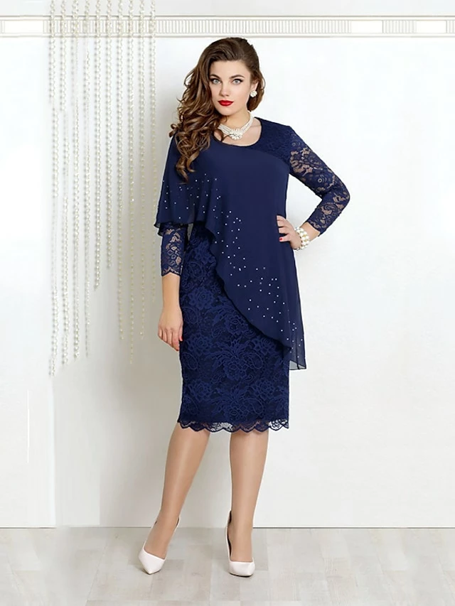 Women's Party Dress Work Dress Sheath Dress Midi Dress Navy Blue Blue Green 3/4 Length Sleeve Pure Color Lace Spring Fall Crew Neck Mature Office Summer Dress Spring Dress 2023 S M L XL XXL 3XL 4XL 7 Women's Party Dress Work Dress Sheath Dress Midi Dress Navy Blue Blue Green 3/4 Length Sleeve Pure Color Lace Spring Fall Crew Neck Mature Office Summer Dress Spring Dress 2023 S M L XL XXL 3XL 4XL - Image 5