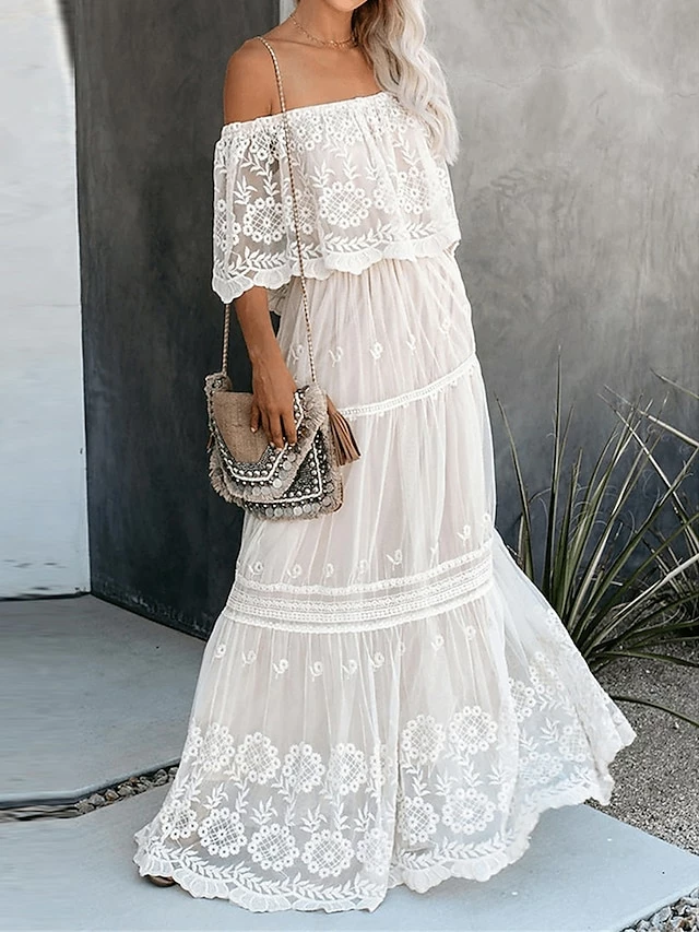 Women's Long Dress Maxi Dress Party Dress Lace Dress Swing Dress Floral Fashion Elegant Dress Daily Vacation Going Out Lace Mesh Half Sleeve Off Shoulder Dress Slim White Summer Spring S M L XL 3 Women's Long Dress Maxi Dress Party Dress Lace Dress Swing Dress Floral Fashion Elegant Dress Daily Vacation Going Out Lace Mesh Half Sleeve Off Shoulder Dress Slim White Summer Spring S M L XL