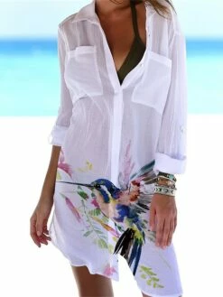 Women‘s Shirt Dress Cover Up Beach Dress Beach Wear Mini Dress Pocket Print Fashion Casual Floral Turndown 3/4 Length Sleeve Loose Fit Outdoor Daily White Yellow 2023 Spring Summer S M L XL -LIGHTINTHEBOX Shop grmajl1675938180706
