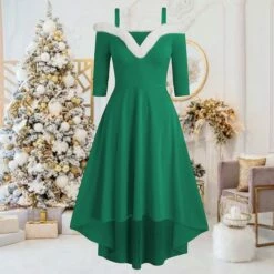 Women's Christmas Swing Dress Skater Dress Green Red Black Long Sleeve Pure Color Cold Shoulder Plus High Low Winter Fall V Neck Classic ModernFall Dress Slim 2022 S M L XL 2XL 3XL / Winter Dress -LIGHTINTHEBOX Shop grqqut1668155196760