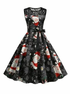 Women‘s Christmas Retro 1950s Vintage Dress Midi Dress Party Patchwork Bow Santa Claus Crew Neck Sleeveless Regular Fit Fall Winter 2023 Black White S M L XL -LIGHTINTHEBOX Shop grslvl1694501416336
