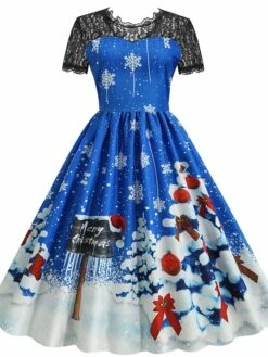 Women's Christmas Casual Dress Swing Dress Midi Dress Blue Purple Red Short Sleeve Tree Lace Print Winter Fall Crew Neck Vacation Vintage 2022 S M L XL XXL 3XL