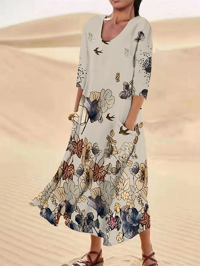 Women's Casual Dress Cotton Linen Dress Midi Dress Polyester Fashion Casual Daily Outdoor Daily Vacation Crew Neck Pocket Print Half Sleeve Summer Spring Fall 2023 Loose Fit ArmyGreen White Red Leaf 7 Women's Casual Dress Cotton Linen Dress Midi Dress Polyester Fashion Casual Daily Outdoor Daily Vacation Crew Neck Pocket Print Half Sleeve Summer Spring Fall 2023 Loose Fit ArmyGreen White Red Leaf - Image 5