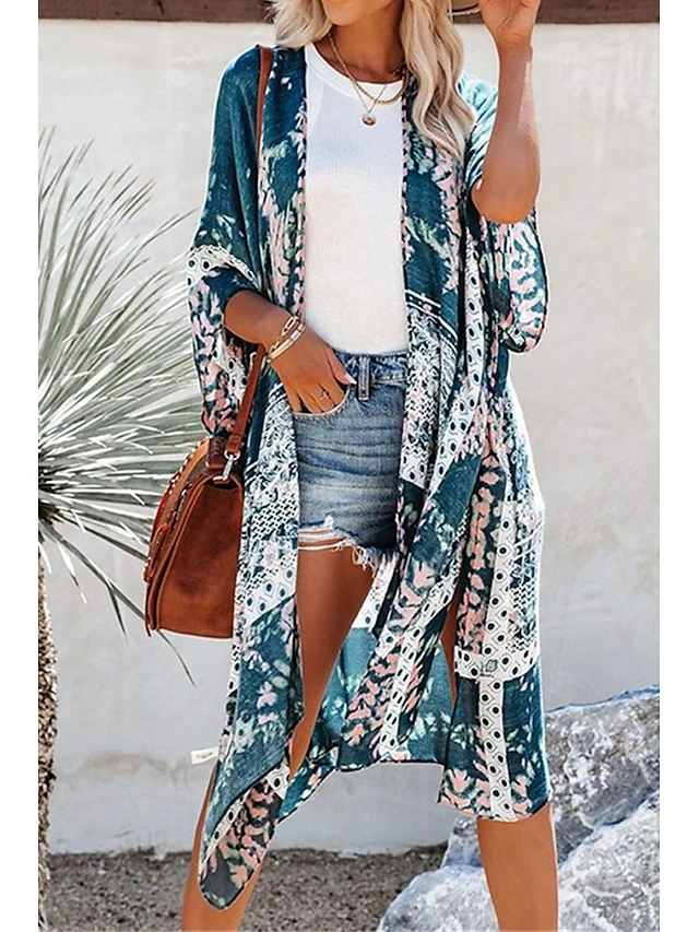 Women's Swimwear Cover Up Beach Top Normal Swimsuit UV Protection Printing Flower White Blue Green Bathing Suits New Vacation Stylish 8 Women's Swimwear Cover Up Beach Top Normal Swimsuit UV Protection Printing Flower White Blue Green Bathing Suits New Vacation Stylish - Image 6