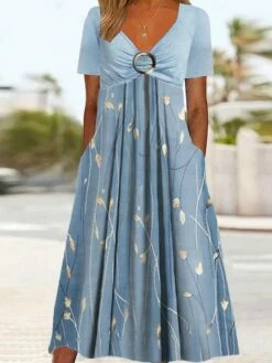 Women's Casual Dress A Line Dress Summer Dress Floral Ruched Pocket V Neck Midi Dress Fashion Modern Daily Holiday Short Sleeve Regular Fit Blue Summer Spring S M L XL XXL
