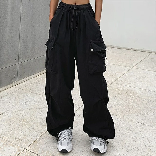 Women‘s Cargo Parachute pants Trousers Baggy Full Length Baggy Micro-elastic High Waist Fashion Casual Daily ArmyGreen Black S M Spring &Fall 3 Women‘s Cargo Parachute pants Trousers Baggy Full Length Baggy Micro-elastic High Waist Fashion Casual Daily ArmyGreen Black S M Spring &Fall
