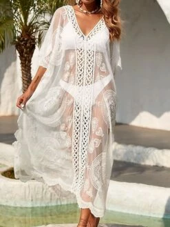 Women's Swimwear Cover Up Beach Dress Normal Swimsuit UV Protection Embroidery Hole Embroidered Flower White V Wire Bathing Suits New Vacation Stylish