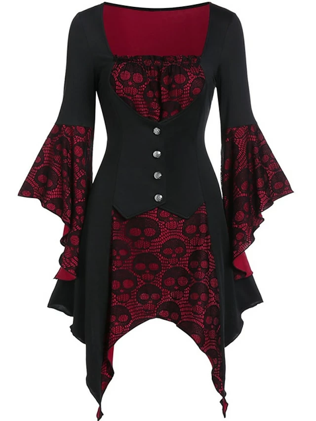 Women's Shirt Halloween Shirt Blouse Wine Purple Green Skull Lace Asymmetric Long Sleeve Casual Fashion Square Neck Regular Fit Bell Sleeve Spring &Fall 3 Women's Shirt Halloween Shirt Blouse Wine Purple Green Skull Lace Asymmetric Long Sleeve Casual Fashion Square Neck Regular Fit Bell Sleeve Spring &Fall