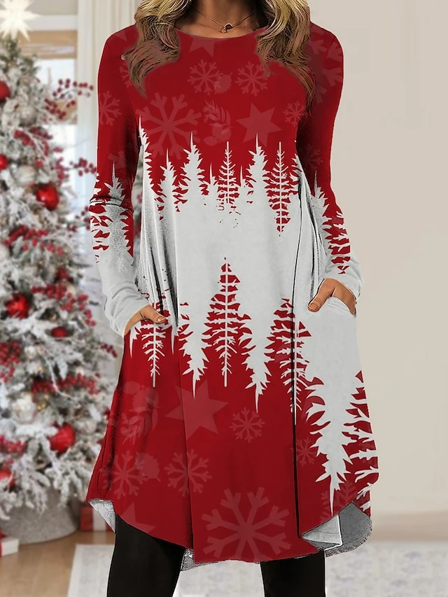 Women's Christmas Work Dress Casual Dress Fashion Winter DressDaily Midi Dress Pocket Print Crew Neck Long Sleeve PlaidTree Regular Fit Wine Red Gold Fall Winter S M L XL XXL 3 Women's Christmas Work Dress Casual Dress Fashion Winter DressDaily Midi Dress Pocket Print Crew Neck Long Sleeve PlaidTree Regular Fit Wine Red Gold Fall Winter S M L XL XXL