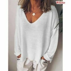 Women's Shirt Black White Blue Plain Long Sleeve Casual Weekend Streetwear V Neck Loose Fit Fall & Winter -LIGHTINTHEBOX Shop guzkcb1663664371946