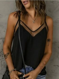 Women's Tank Top Camisole Going Out Tops Summer Tops Black Plain Patchwork Sleeveless Holiday Weekend Vintage Streetwear Casual V Neck Regular Fit