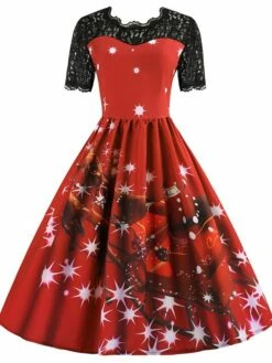 Women's Christmas Lace Dress Swing Dress Maxi Long Dress Claret Green Blue Purple Red Rose Red Short Sleeve Santa Claus Print Lace Patchwork Winter Fall Crew Neck Vintage Fashion Elegant 2022 S M L -LIGHTINTHEBOX Shop gvuvse1666258508304