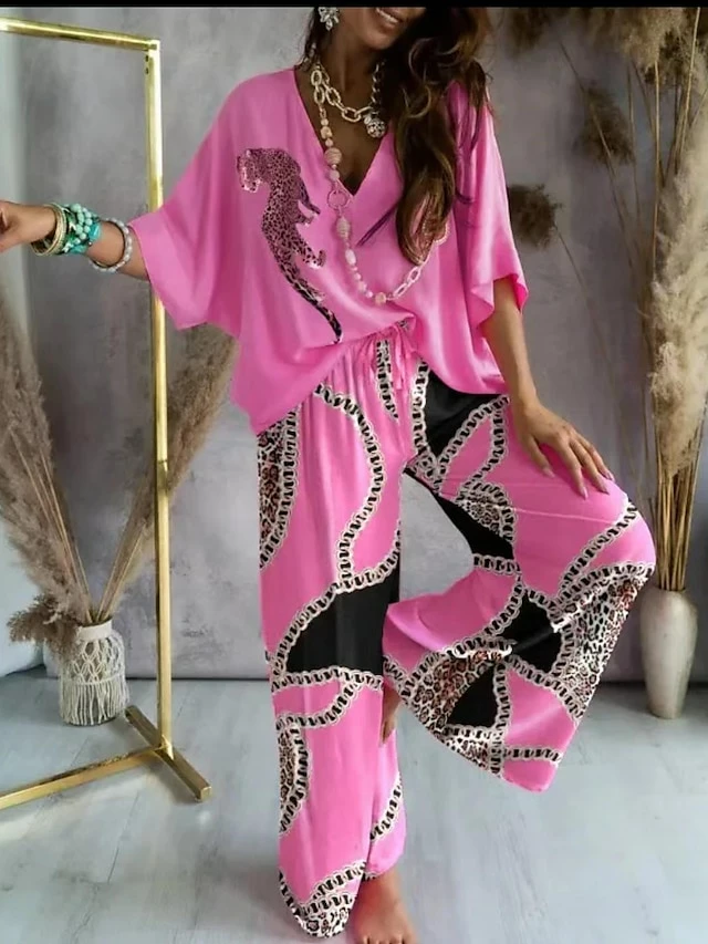 Women's Shirt Pants Sets Pink Red Blue Gradient Striped Abstract Drawstring Print Short Sleeve Casual Daily Daily Basic V Neck Regular Fit Fall & Winter 4 Women's Shirt Pants Sets Pink Red Blue Gradient Striped Abstract Drawstring Print Short Sleeve Casual Daily Daily Basic V Neck Regular Fit Fall & Winter - Image 2