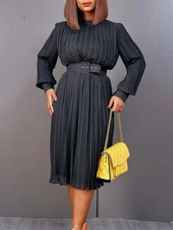 Women's Work Dress Casual Dress Black Dress Fashion Office Daily Workfashion Midi Dress Lace Up Pleated Crew Neck Long Sleeve Plain Regular Fit Black White Red Fall Winter S M L XL XXL -LIGHTINTHEBOX Shop gwsiya1695645184690