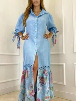 Women's Shirt Dress Casual Dress Shift Dress Long Dress Maxi Dress White Yellow Pink 3/4 Length Sleeve Floral Split Summer Spring Shirt Collar Fashion Loose Fit 2023 S M L XL 2XL 3XL 4XL -LIGHTINTHEBOX Shop gwtxwt1672050943649
